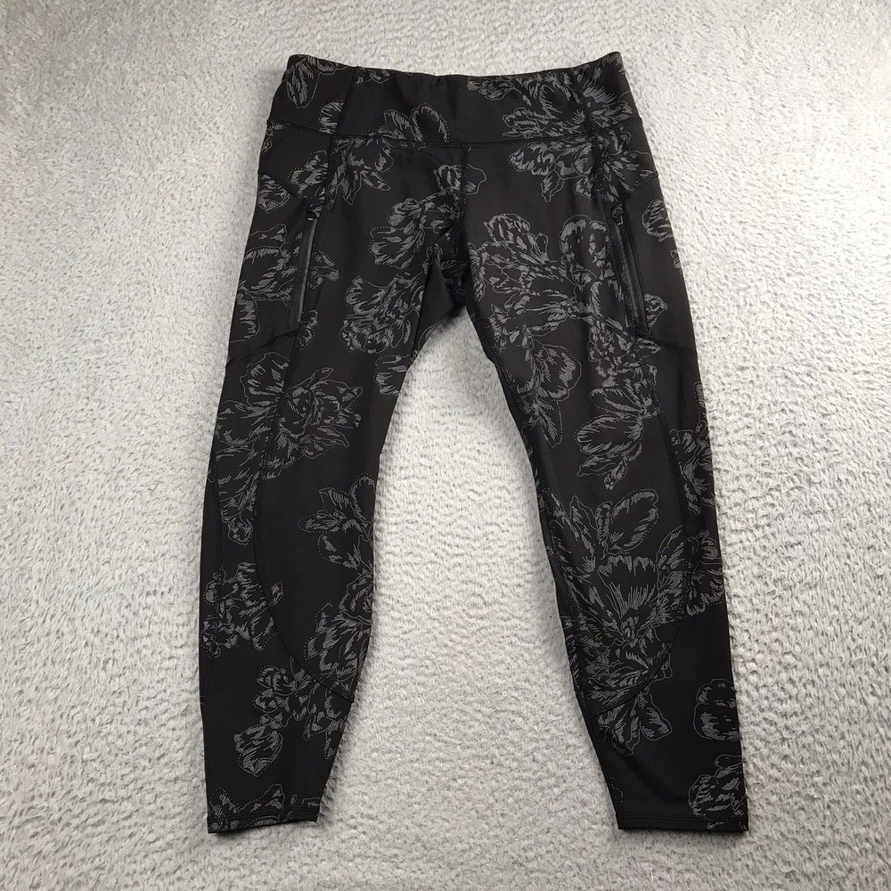 Athleta Rainier Reflective Tight Women L Petite Black Floral Winter Leggings